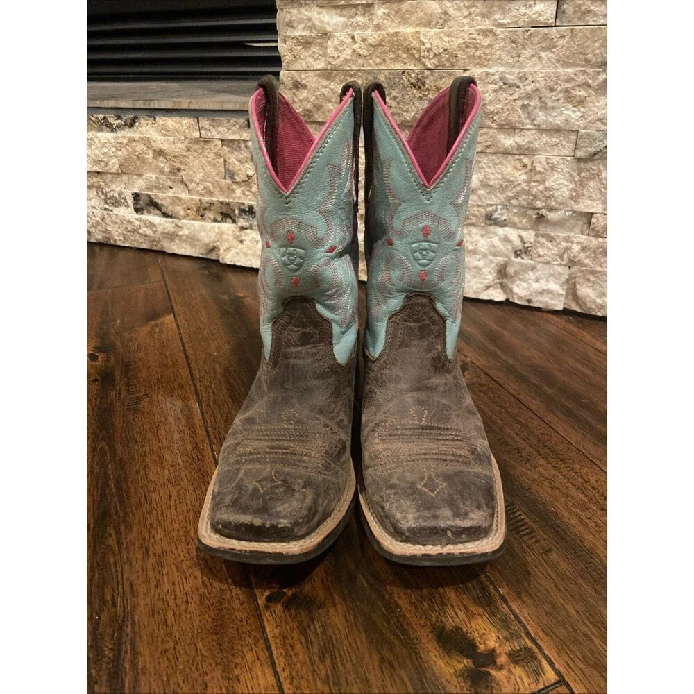 Ariat Girls Cowboy Boots Teal pink Brown Size 2.5
